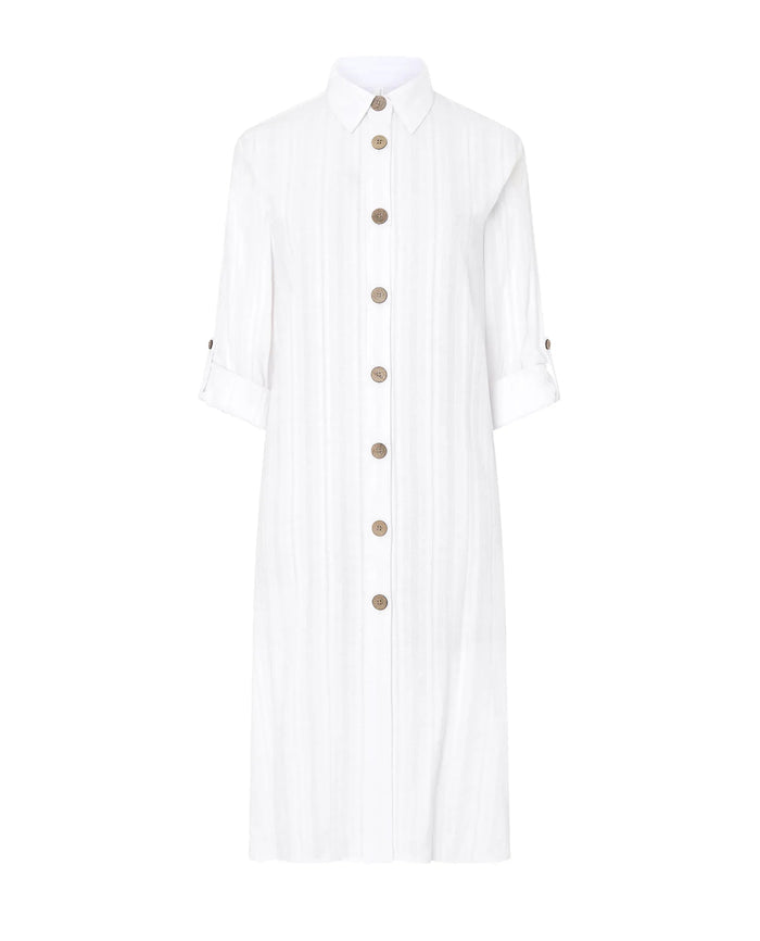 Vestido largo de algodón viscosa blanco con bordado manga larga y cuello camisero