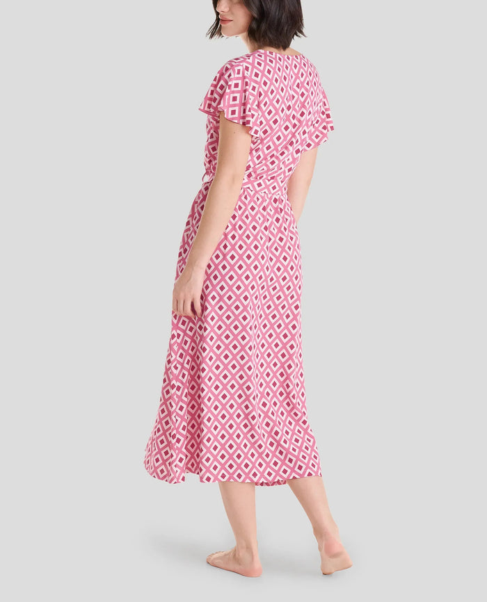 Vista trasera de vestido largo de verano en viscosa estampada con rombos