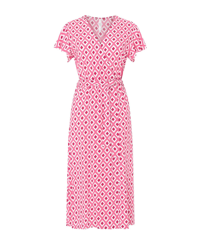 Vestido corto de verano cruzado con manga corta en viscosa de rombos