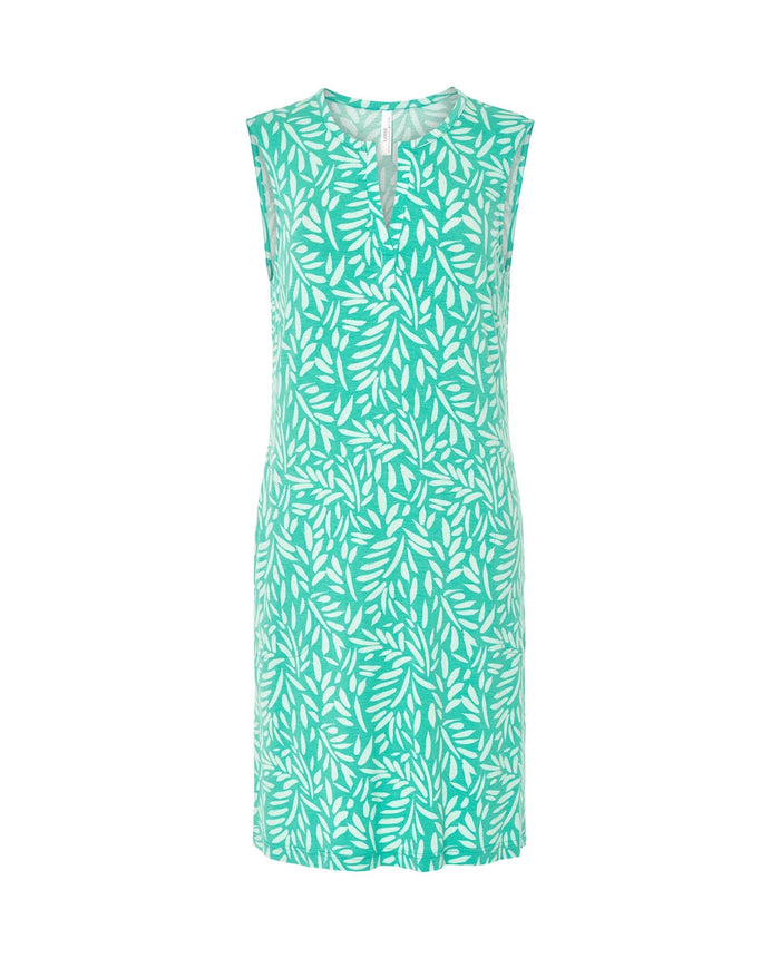 Vestido de baño de mujer corto sin mangas en punto estampado de hojas blancas con cuello pico y bolsillos laterales.