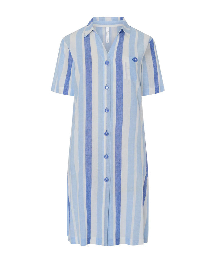 Vestido corto de verano abierto con botones a rayas, cuello camisero y bolsillos