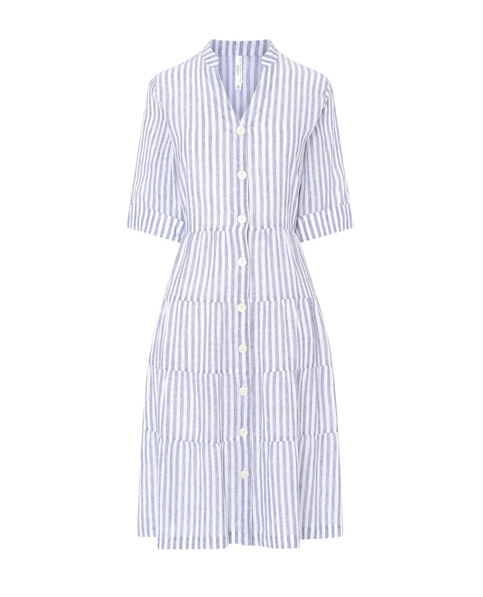 Vestido largo de mujer Lohe, tejido plana rayas de lino, abierto con botones, cuello tirilla, con volantes y manga al codo.