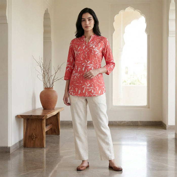 Women Floral Printed Short Kurti – Stylish & Comfortable (Dk.Peach)