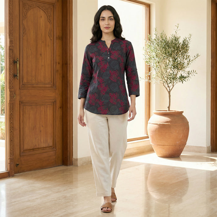 Women Floral Printed Short Kurti – Stylish & Comfortable (Grey)