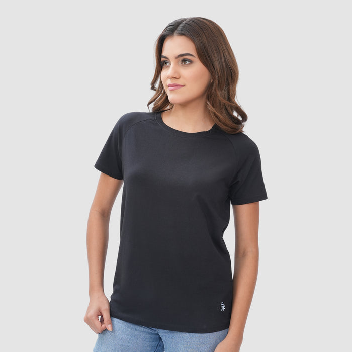 Women Knitted Fabric Regular Fit Short Sleeve T-shirt - Black