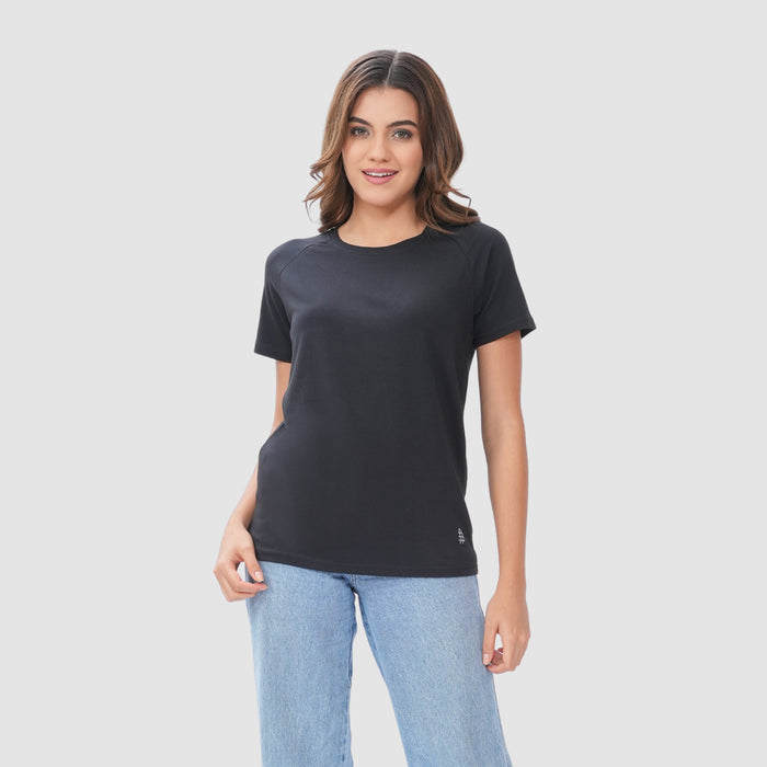 Women Knitted Fabric Regular Fit Short Sleeve T-shirt - Black