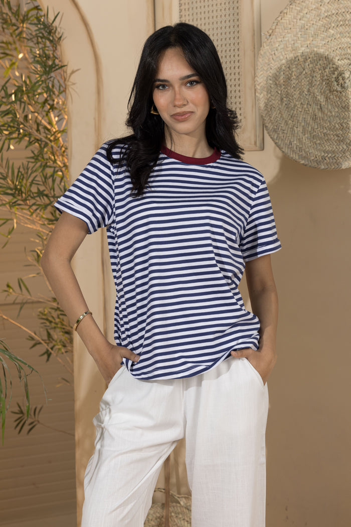 Women's Basic Stripey Tshirt- Burgundy Rib ( Size: Medium)