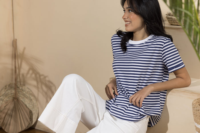 Women's Basic Stripey Tshirt- White Rib (Size:S&Xl)