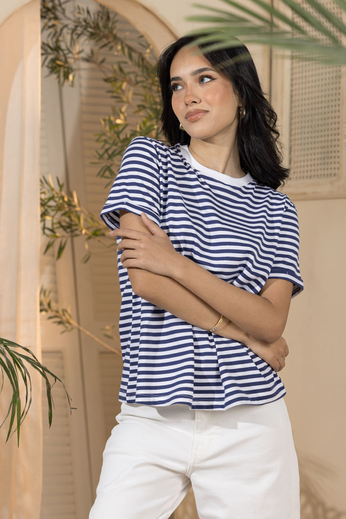 Women's Basic Stripey Tshirt- White Rib (Size:S&Xl)