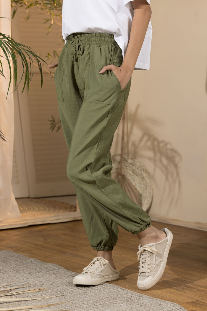 Women's Flowy Elasticated Leg Pants - Olive Green (Size:M&Xl)