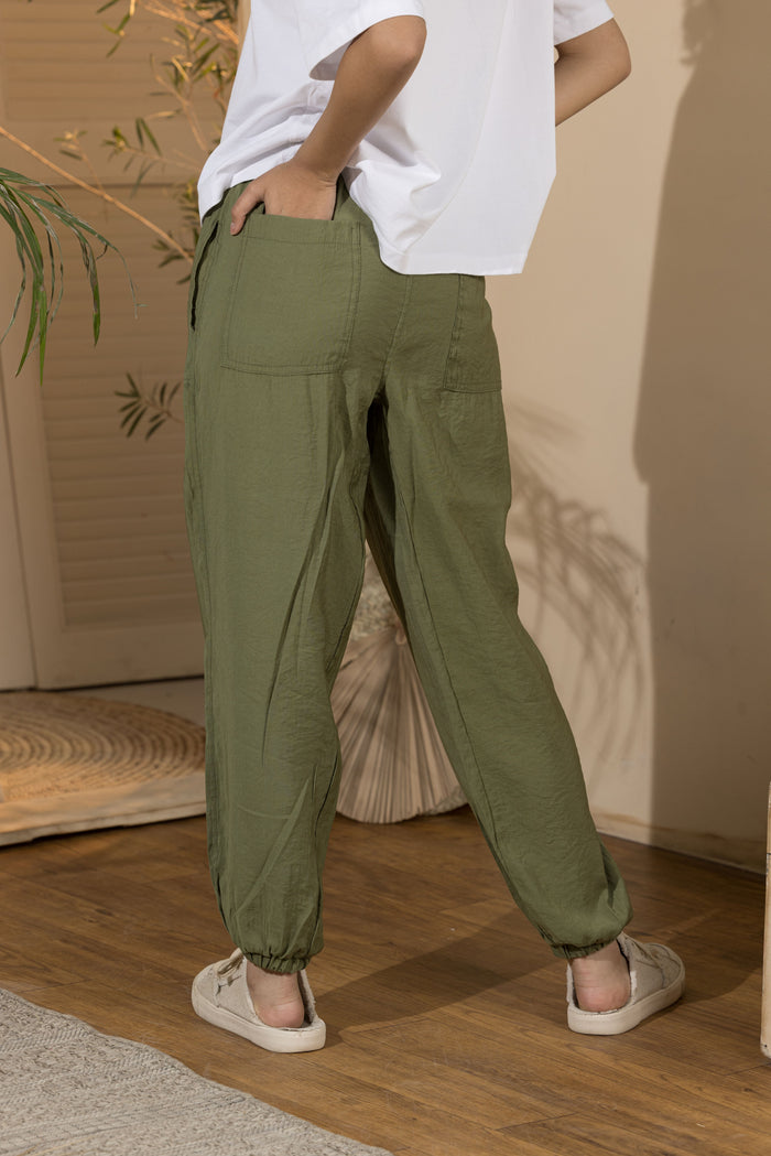 Women's Flowy Elasticated Leg Pants - Olive Green (Size:M&Xl)