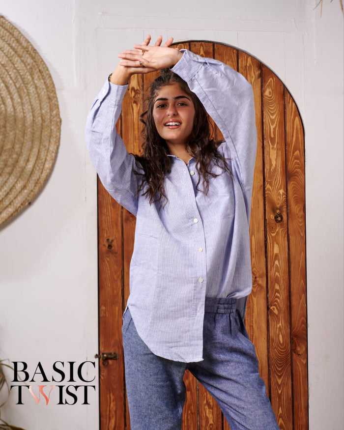 Women's Pinstripe Linen Shirt -Blue & White