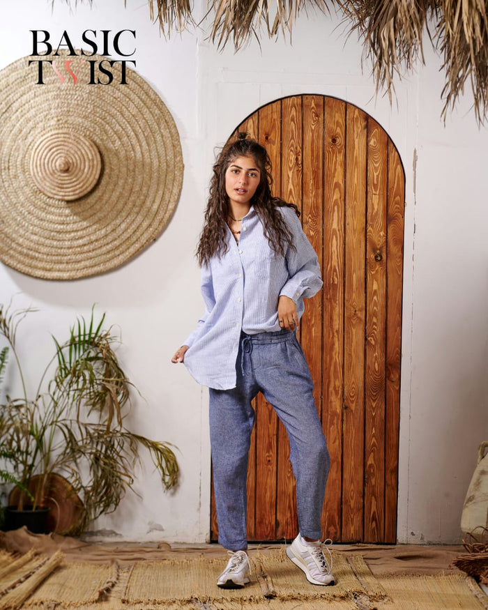 Women's Pinstripe Linen Shirt -Blue & White