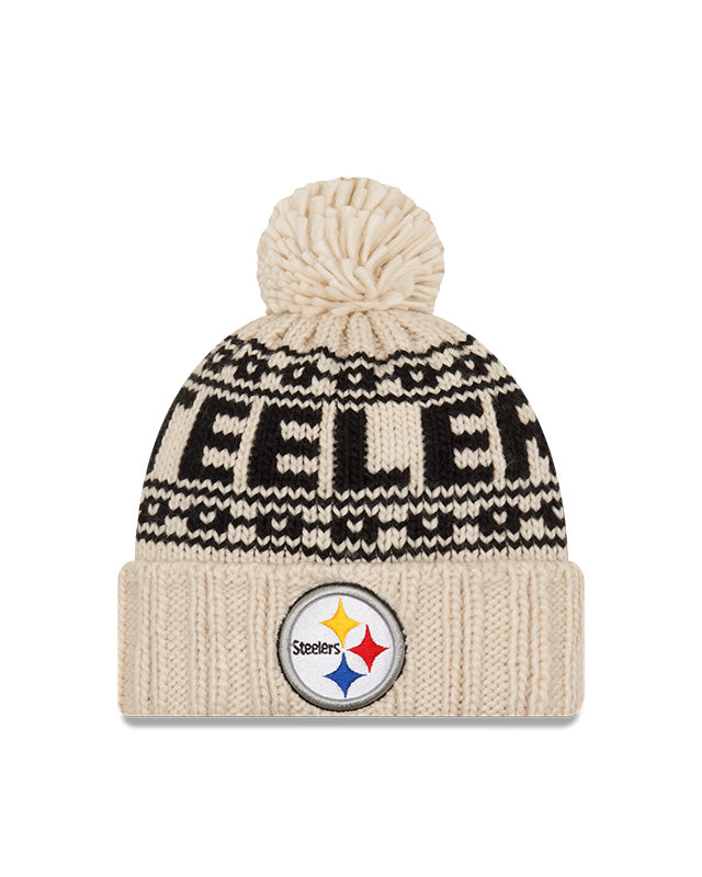 Women's Pittsburgh Steelers New Era 2021 NFL Sideline Pom Cuffed Knit Hat - Natural