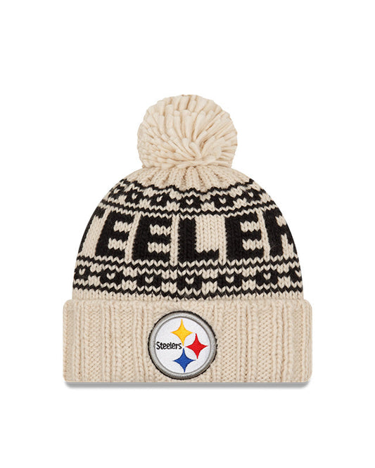 Women's Pittsburgh Steelers New Era 2021 NFL Sideline Pom Cuffed Knit Hat - Natural