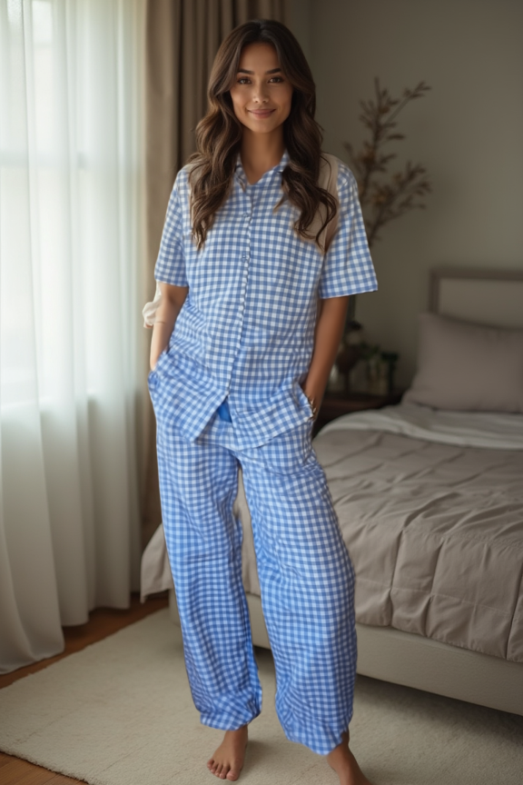Women's Pyjamas-Blue Gingham (Size:S-XL)