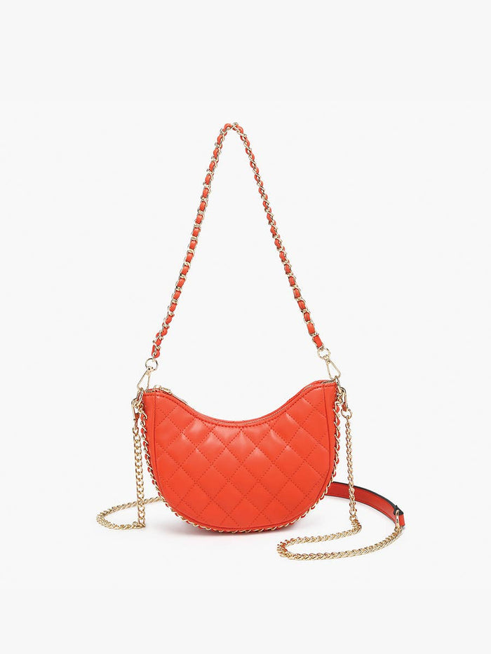 Half moon shape crossover quilted design with side chain for added charm and detail