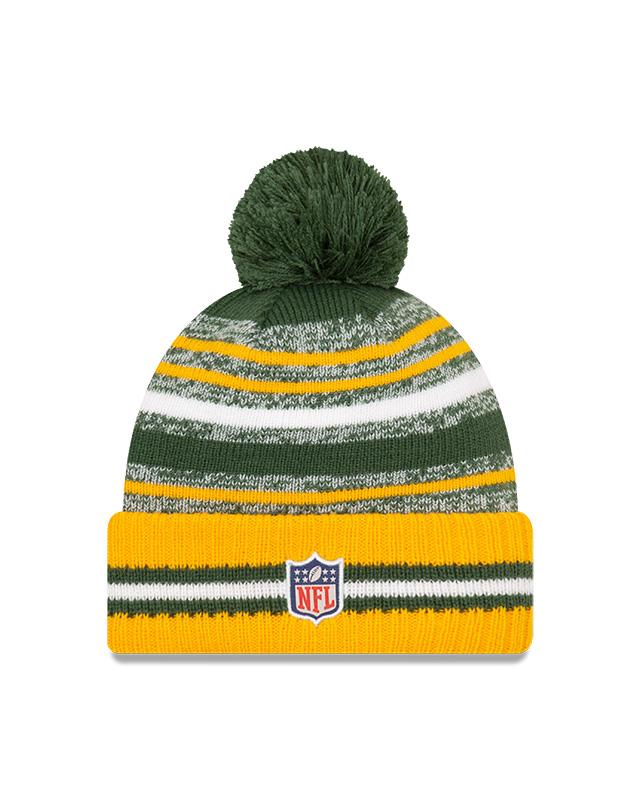 Youth Green Bay Packers New Era 2021 NFL Sideline - Sport Official Pom Cuffed Knit Hat - Yellow/Green
