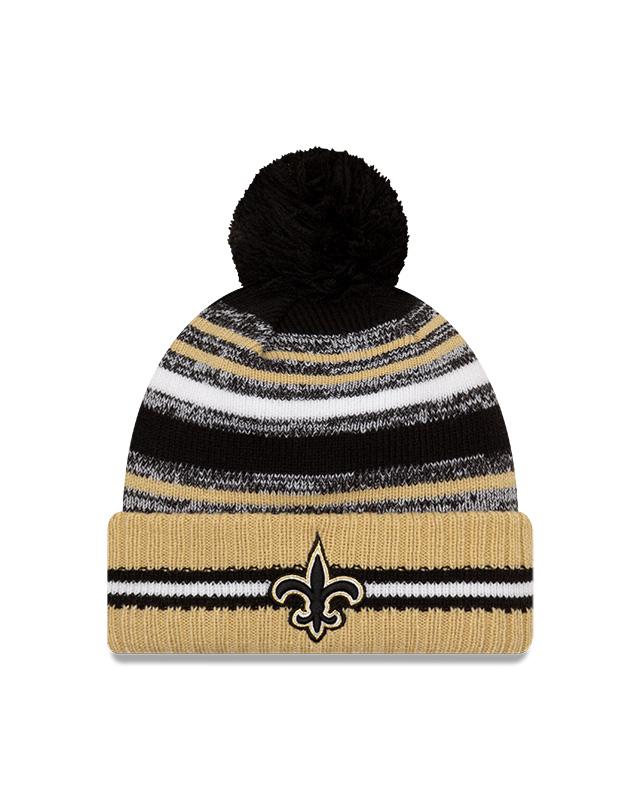 Youth New Orleans Saints New Era 2021 NFL Sideline - Sport Official Pom Cuffed Knit Hat - Gold/Black