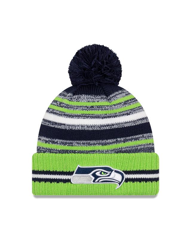 Youth Seattle Seahawks New Era 2021 NFL Sideline - Sport Official Pom Cuffed Knit Hat - Neon/Navy