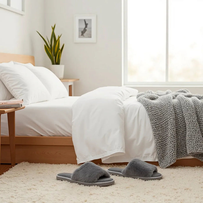 Escena de dormitorio moderno con zaptillas de casa grises  abiertas estilo pantuflas al pie de la cama